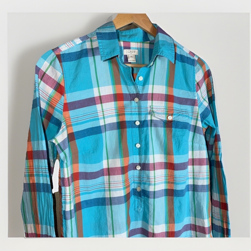 J Crew Women's Half Button Down Shirt XS Blue Plaid Lightweight Long Sleeve - Picture 2 of 4